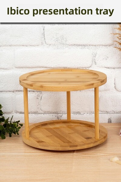 ibico 2 Stories Round 360 °   Wooden Bamboo Presentation Tray & Plate with Ro...
