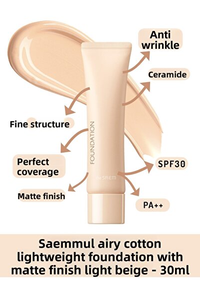 THE SAEM Saemmul Airy Cotton Matte Finish Foundation - Light Beige 30 ml (Vi̇...