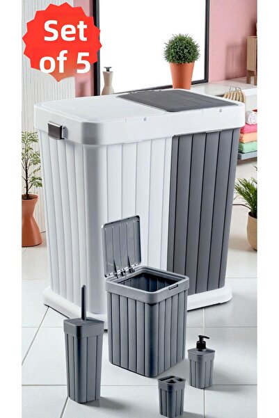 Herza House 5-Piece Dowry Set - 80 Lt Dirty Laundry Basket + 4-Piece Bathroom Set - Push Open Lid