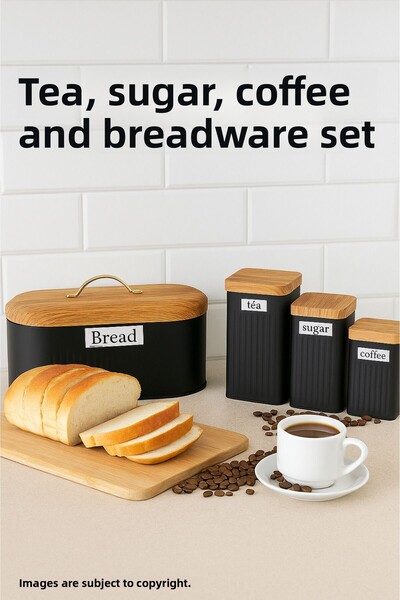 UFİX وعاء خبز معدني مخطط باللون الأسود بغطاء من الخيزران ومجموعة برطمانات معدنية للشاي والسكر والقهوة مكونة من 3 قطع