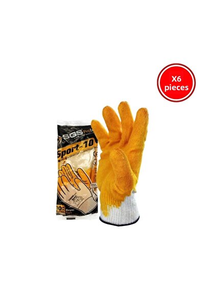 SGS Protect Sport-10 Gloves, 6 Pieces, Latex Coated, 10XL, White-Yellow
