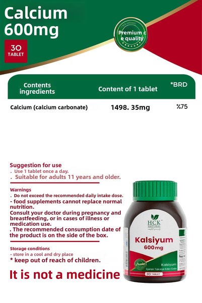HCK NATURAL Calcium 600 Mg 30 Tablets Dental Bone Muscular System