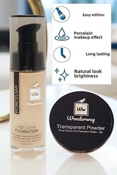 wonderway مجموعة كريم الأساس والبودرة الشفافة من البورسلين مع إسفنجة مكياج