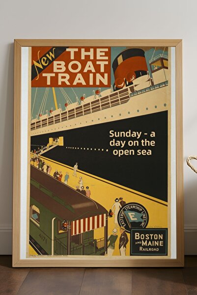 Duvarda Poster cu ramă din lemn natural cu tematică Barcă și Tren, pictură de...