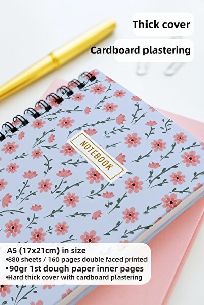 Eldesen Tasarım A5 Spiral Thick Cover Lined Notepad, 80 Sheets 160 Pages, Blue Floral