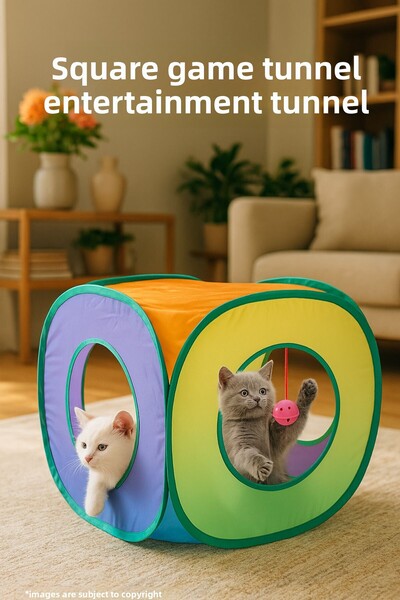 ego home Square Model Cat Play Tunnel with Rattle Ball Cat Square Tunnel Rainbow Color 40Cmx40Cm