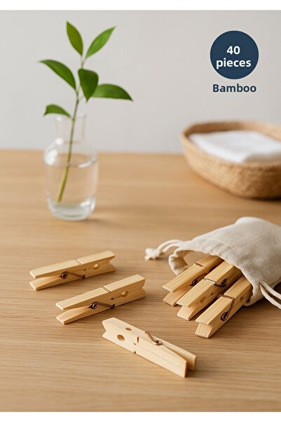 HOMİNG Nostalgia Natural Bamboo Pegs Set 7 cm 40 Pieces