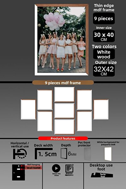 yhfoto 9 قطع إطار 30x40 - إطار A3 ذو شرائح رفيعة - لونان خشب أبيض - إطار صور 6 مم