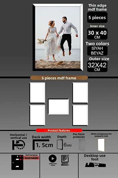 yhfoto 5 Pieces 30X40 Frame - Thin Slatted A3 Frame - 2 Colors Black White - 6mm Photo Frame