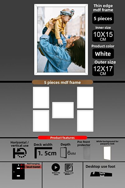 yhfoto 5Pcs 10X15 Frame - Fine Slatted Frame - White Frame - 6mm Frame - Photo Frame
