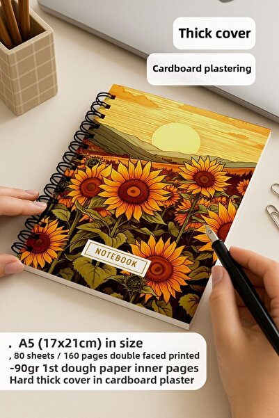Eldesen Tasarım A5 Spiral Thick Cover Lined Notepad, 80 Sheets 160 Pages, Moon Flower