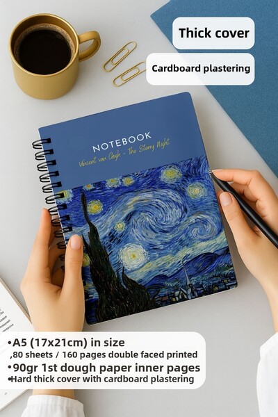 Eldesen Tasarım Van Gogh Thick Cover Dotted Notebook, A5 Size 80 Sheets 160 Pages, Dotted Notebook