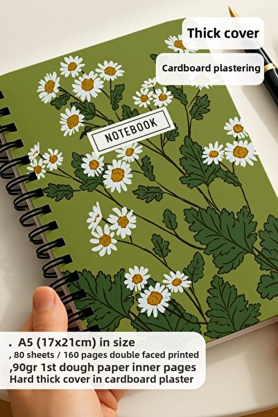 Eldesen Tasarım A5 Spiral Thick Cover Checkered Notepad, 80 Sheets 160 Pages, Green Daisy