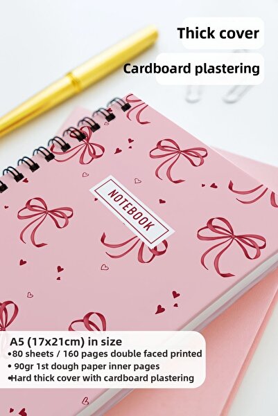 Eldesen Tasarım A5 Spiral Thick Cover Dotted Notepad, 80 Sheets 160 Pages, Pink Bow