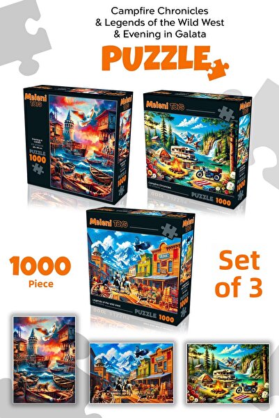 Meleni Toys 3Pcs 1000 Piece Puzzle - Galata Tower Landscape, Campfire and Wil...