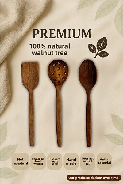 Ülgenev 3-Piece 100% Natural Walnut Wood Kitchen Set – Spatula, Spoon, Colander