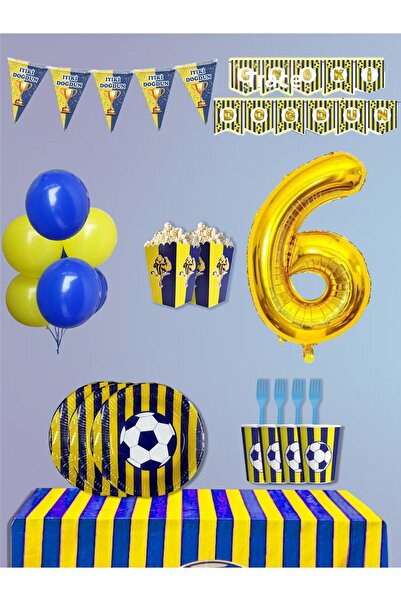 PartyPoo Yellow Navy Blue Fan 24 Person Birthday Party Supplies Set |   6 Yea...