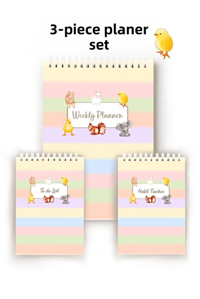 Handeto Kraft Cute Animals 3-Piece English Planner, Weekly Planner, Habit Tracker, Daily Planner