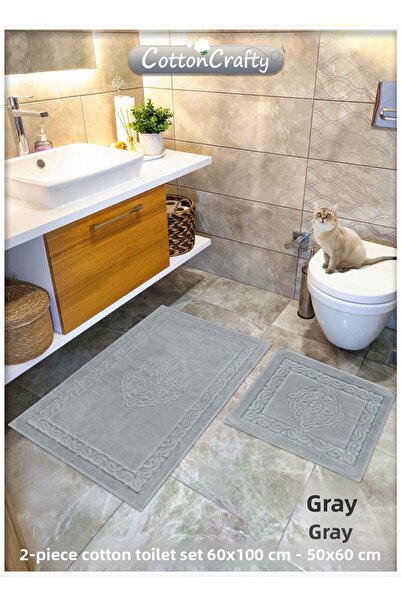 Cotton Crafty Σετ πατάκι μπάνιου από βαμβακερό υφαντό απορροφητικό νερό, χαλί μπάνιου, σετ τουαλέτας Victoria 2 τεμαχίων 60x100 - 60x50