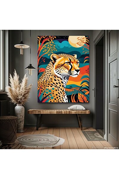 özkacar TABLIE ARTISTICĂ PE PÂNZĂ CU LEOPARD, CU VIZUALIZARE LA LUNĂ ÎN PLINĂ...