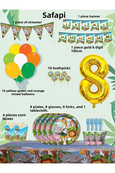 PartyPoo Safari Themed Birthday Party Set for 8 People |   Birthday Party Mat...
