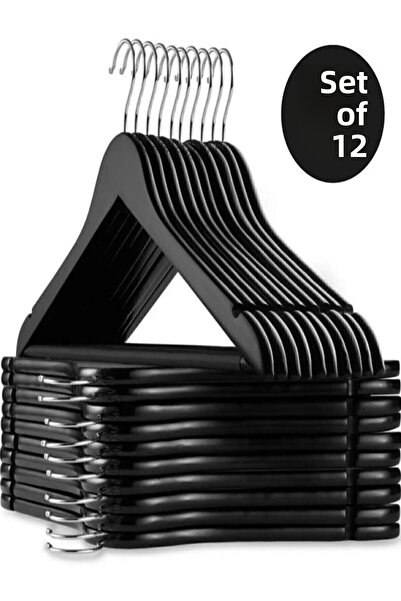 Tusebu Umeraș negru cu aspect lemnos 12 buc Umeraș pentru haine Umeraș pentru pantaloni