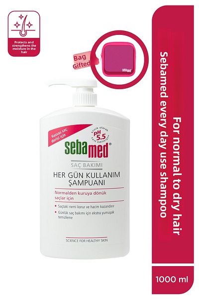 Sebamed Daily Hair Care Shampoo for Daily Use Sensitive Hair 1000ml - Set with Makeup Bag Gift