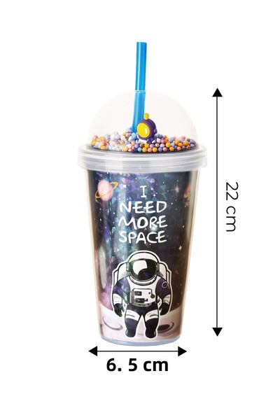 Kitchen Life Hand Non-Burning Double Layer Neon Astronaut Patterned Glass with Straw 600 ml – Fun Drink Cup