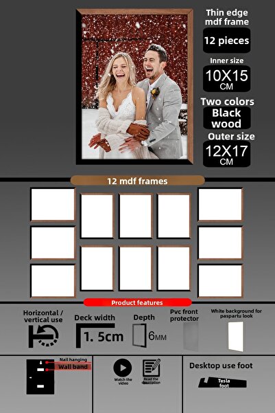 Bytwo 12 bucăți 10x15 rame - rame cu lamele subțiri - 2 culori lemn negru - rame foto de 6 mm