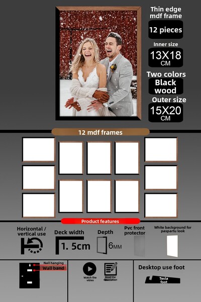 bymat 12 bucăți 13x18 rame - rame subțiri - 2 culori lemn negru - rame de 6 mm rame foto