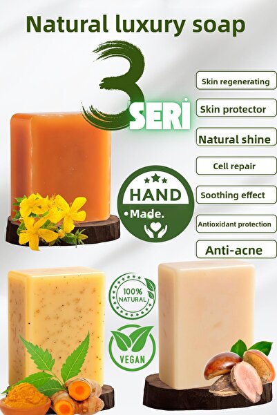 DURUSA مجموعة من 3 صابون طبيعي - الكركم، زبدة الشيا، نبتة سانت جون |   مضاد للعيوب، مرطب، مرمم للبشرة