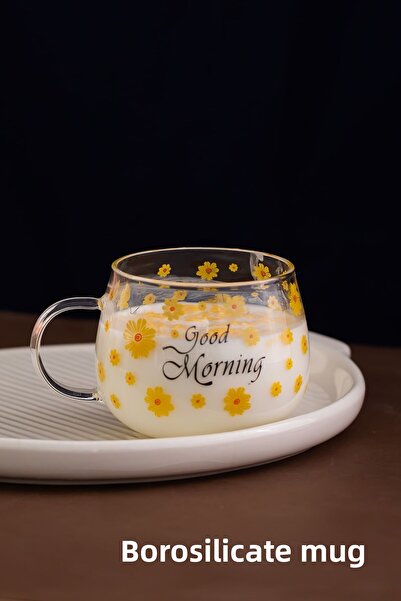 Porsima 2089 Borosilicate Heat Fire Resistant Glass Tea Cup with Handle Coffee Cup Mug Yellow 400 ml