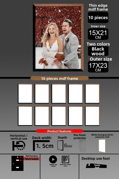 bymat 10 Pieces 15X21 Frame - Thin Slatted A5 Frame - 2 Colors Wood Black - 6mm Photo Frame