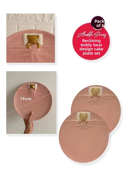 Anadolu Saray 19cm Ceramic Lying Bear Shaped Handmade Cake Plate - Set of 6 Dessert Breakfast