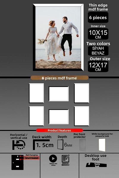 Bytwo 6Pcs 10X15 Frame - Thin Slatted Frame - 2 Colors Black White - 6mm Frame Photo Frame