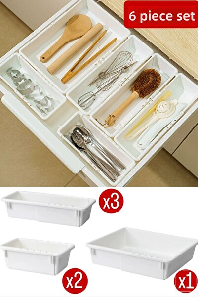 Bayev مجموعة فليكسى مكونة من 6 أدوات تنظيم أدوات المكياج القابلة للتمديد في أدراج المكياج ومجموعة منظم خزانة المجوهرات للمطبخ