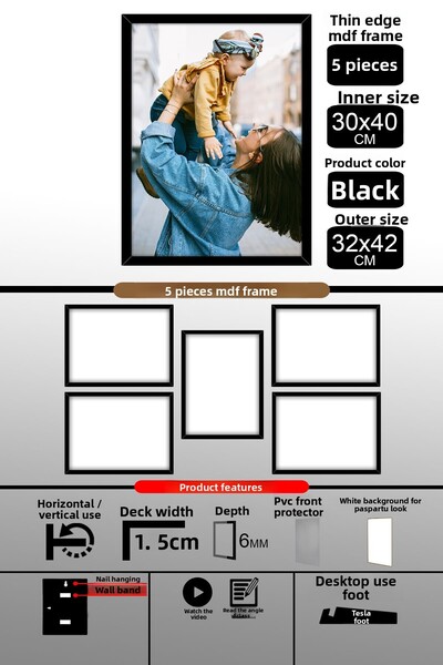 Bytwo 5 bucăți 30x40 rame - rame A3 cu șipci subțiri - rame negre - 6 mm - rame foto