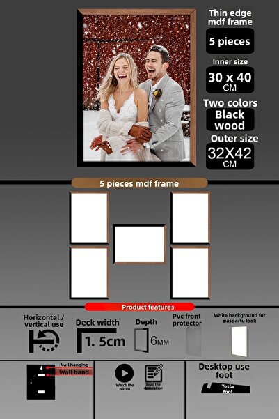 Bytwo 5 قطع إطار 30x40 - إطار A3 ذو شرائح رفيعة - لونان خشب أسود - إطار صور 6 مم