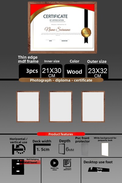 Bytwo 3 Pieces 21X30 Frame - Thin Slatted A4 Frame - Wooden Frame - Photo Certificate Frame