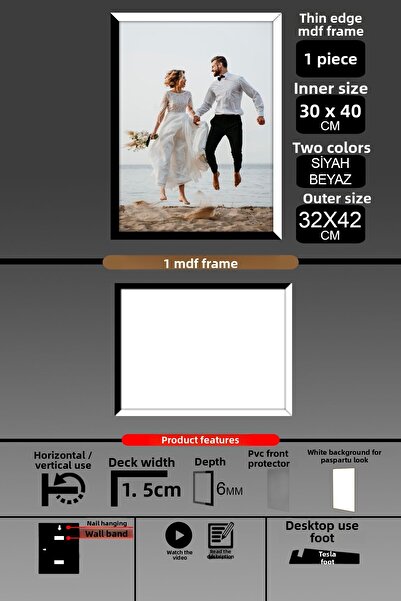 bymat 1Pcs 30X40 Frame - Fine Slatted A3 Frame - 2 Colors Black White - 6mm Photo Frame