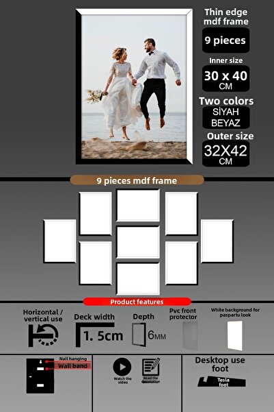 bymat 9 Pieces 30X40 Frame - Thin Slatted A3 Frame - 2 Colors Black White - 6mm Photo Frame