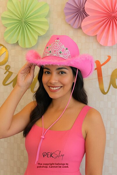 PEKSHOP Pălărie de cowboy roz cu pene coroană Pălărie de mireasă pentru petre...