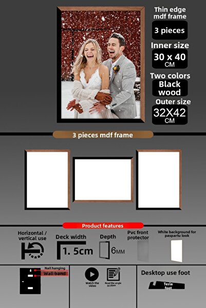 Bytwo 3 bucăți 30x40 rame - rame A3 cu șipci subțiri - 2 culori lemn negru - rame foto 6 mm