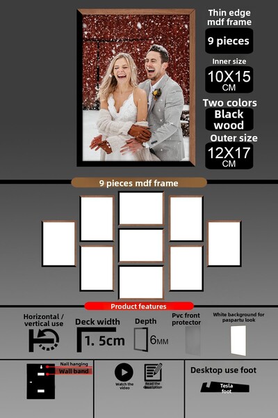 Bytwo 9 bucăți 10x15 rame - rame cu lamele subțiri - 2 culori lemn negru - rame de 6 mm rame foto
