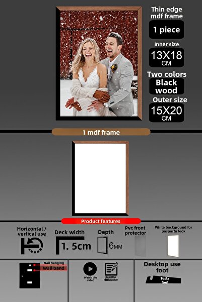 bymat 1Pcs 13X18 Frame - Thin Slatted Frame - 2 Colors Wood Black - 6mm Frame Photo Frame