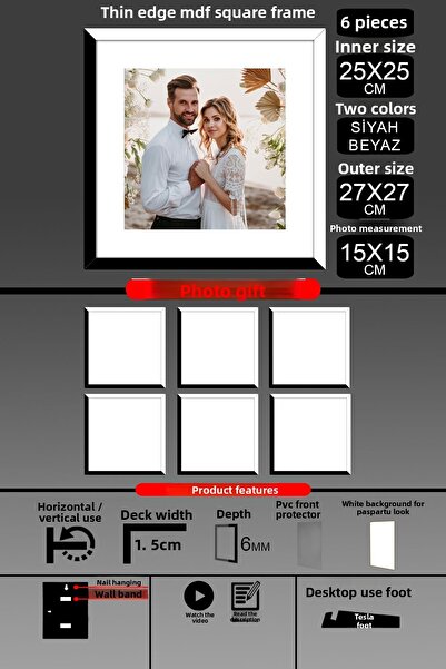 Bytwo 6Pcs 25X25 Frame - Thin Slatted Frame - 2 Colors Black White - Square Frame Photo Frame