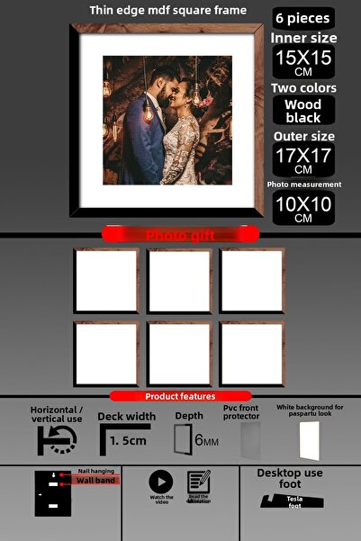 bymat 6 bucăți 15x15 rame - rame cu lamele subțiri - 2 culori lemn negru - rame pătrate rame foto