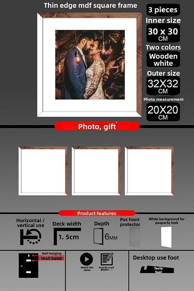 yhfoto 3 Pieces 30X30 Frame - Thin Slatted Frame - 2 Colors White Wood - Square Frame Photo Frame