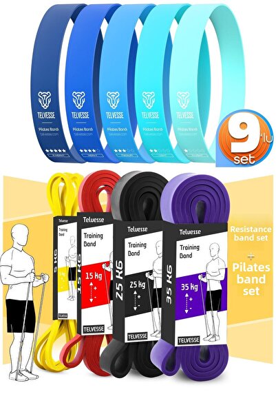Telvesse 9Pcs Tera Set 5+15+25+35 kg + 5Pcs Pilates Resistance Band Pilates Rubber Loop Band Blue Tone