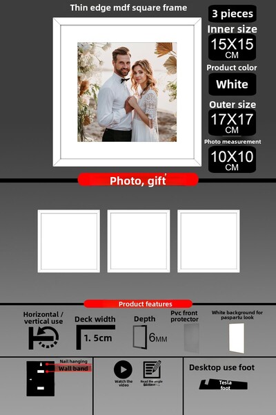 yhfoto 3 Pieces 15X15 Frame - Thin Slatted Frame - White Frame - Square Frame - Photo Frame